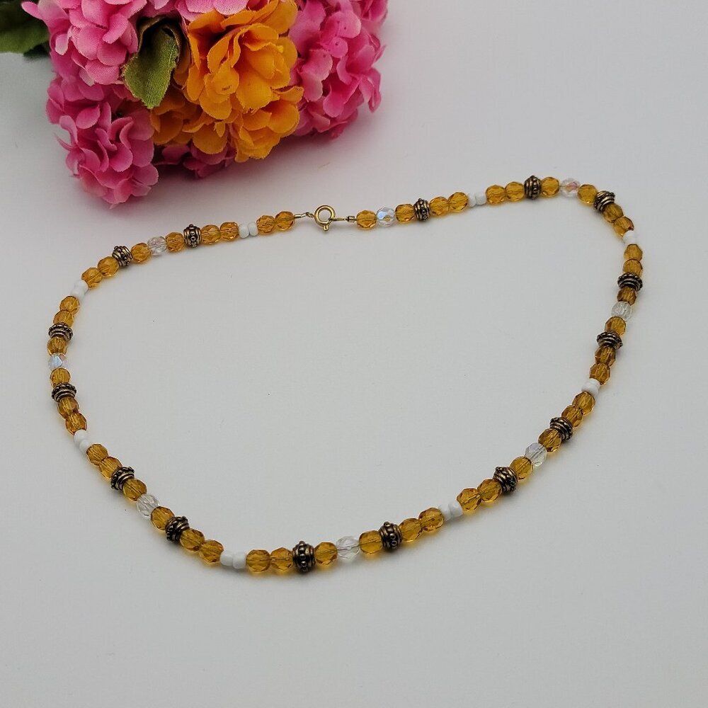 Vintage Gold Tone Clear And Amber Crystal Beaded Necklace 19 Inch Spring Ring